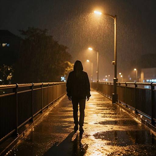 Solitary Figure on Rainy City Bridge