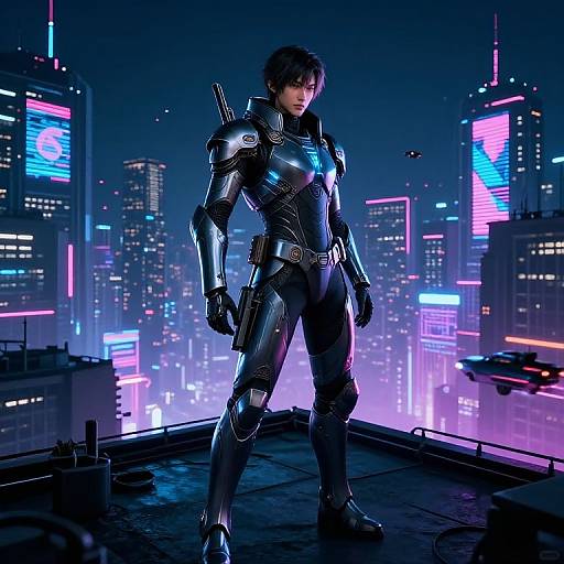 CGI image of a black-armored, futuristic superhero standing confidently on a rooftop against a neon-lit, cyberpunk cityscape at night.