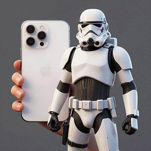 Photograph of a white Stormtrooper figure standing beside a hand holding a white iPhone, taking a selfie against a gray background.
