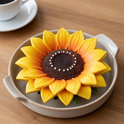 Photograph of a bright yellow sunflower with a dark center, adorned with white pearls, on a white ceramic plate, atop a wooden table with a