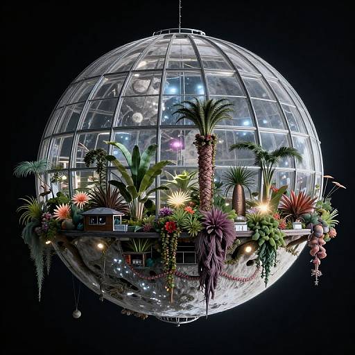 Photograph of a glass globe chandelier filled with vibrant, colorful plants, including palm trees and succulents, illuminated from within.