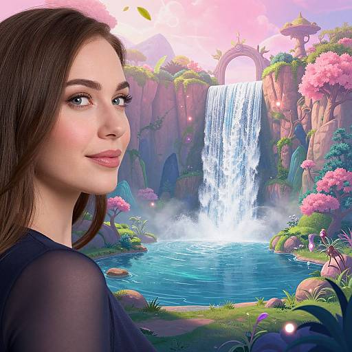 Digital art: Beautiful woman with long brown hair and pink lips gazes over vibrant, fantastical waterfall landscape with pink flowers and lush greenery.