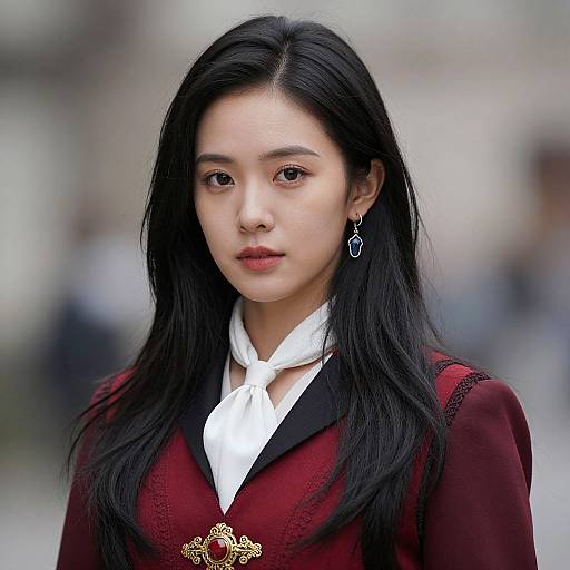 Photograph of an East Asian woman with long black hair, wearing a red velvet coat with gold brooch, white shirt, and black collar, standing