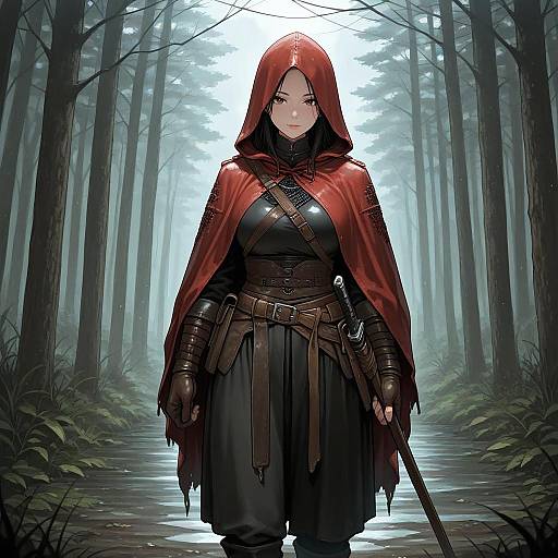 Digital anime-style drawing of a serious woman in a red hooded cloak, black armor, and brown belt, standing in a misty forest path with