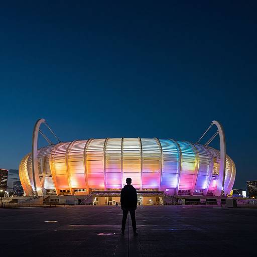 Photograph of a silhouetted person standing in front of a brightly illuminated, multicolored stadium against a dark blue night sky.