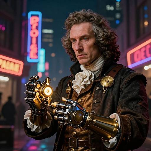 Photograph-style CGI of a steampunk man with curly gray hair, holding a glowing mechanical device, standing in a neon-lit city street at