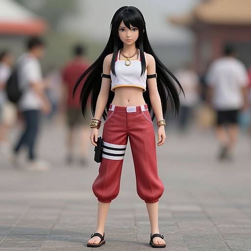 Digital artwork of an anime-style girl with long black hair, wearing a white crop top, red capri pants, black sandals, and gold accessories,