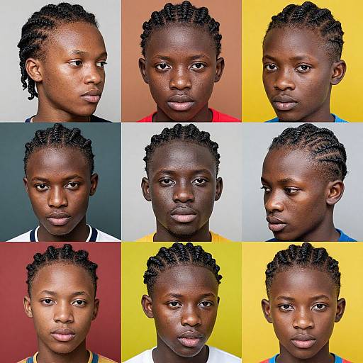 Photograph of nine young Black men with dark skin and braided hair, each against different colored backgrounds (red, yellow, etc.).