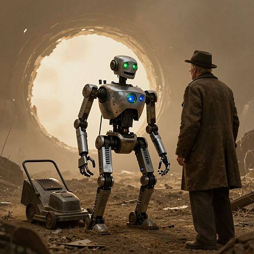 Photograph of a metallic robot with green and blue lights, standing in a desolate, smoke-filled tunnel, facing a man in a brown coat and