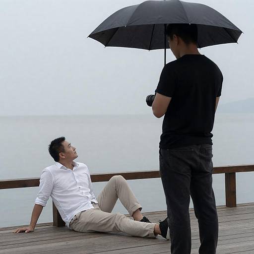 Man Relaxing on Dock with Photographer
