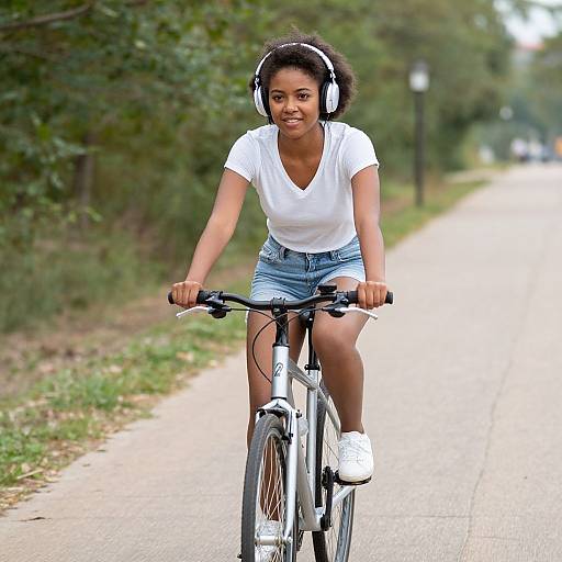 Photograph of a young Black girl with curly hair, wearing headphones, white V-neck shirt, denim shorts, and white sneakers, riding a black bicycle