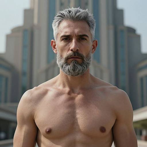 Photograph of a shirtless, muscular, middle-aged man with gray hair and beard, standing in front of tall, modern city buildings.