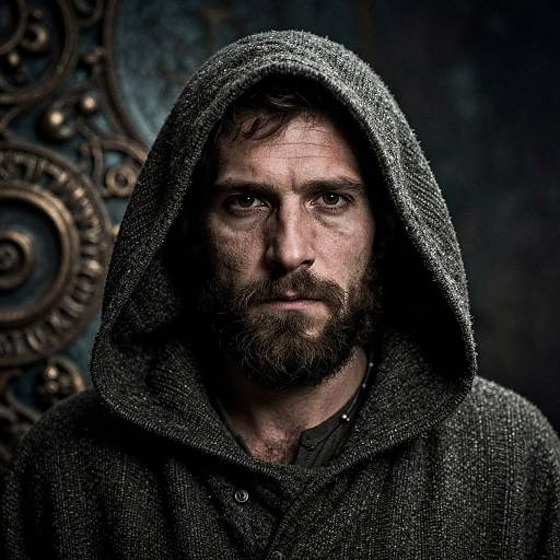 Photograph of a rugged, bearded man with intense eyes, wearing a dark, textured hooded cloak, against a dark, ornate background.