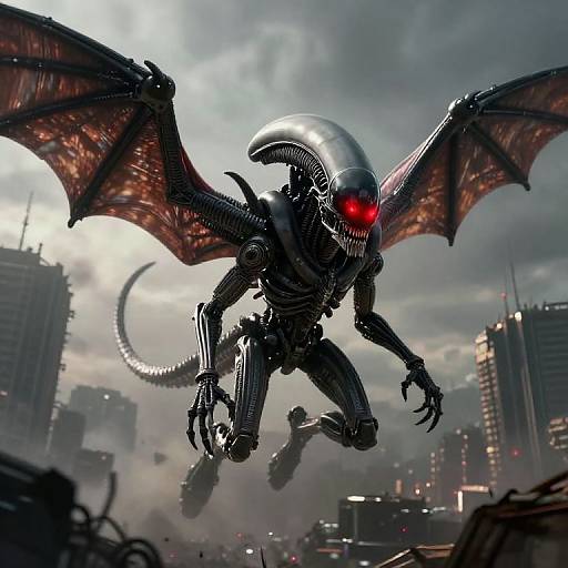 CGI image of a demonic Xenomorph with red eyes and bat-like wings, flying over a smoky, ruined cityscape with skyscrapers