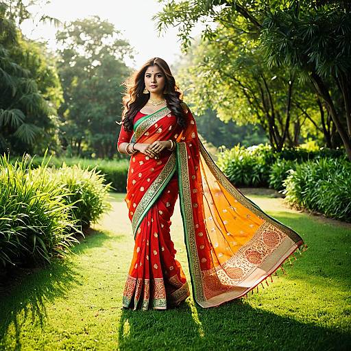 Woman in Traditional Red Saree in Garden