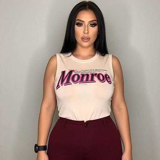 Photograph of a curvy woman with long black hair, light skin, wearing a white 