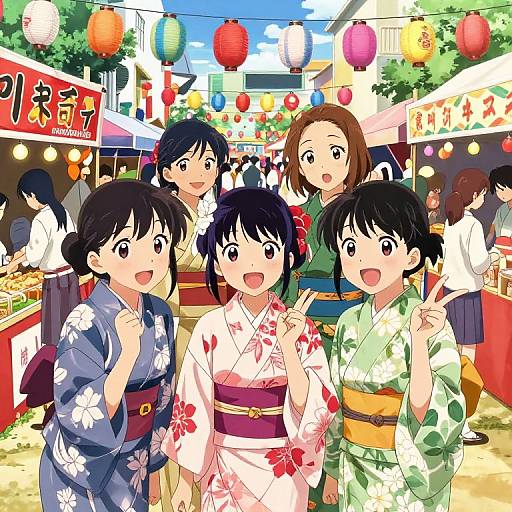 Anime-style illustration of five smiling Japanese girls in colorful kimonos at a vibrant festival with lanterns, food stalls, and busy crowd.