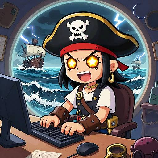 Digital drawing of a fierce pirate girl with glowing yellow eyes, black pirate hat, and skull emblem, typing on a computer in a stormy ship window