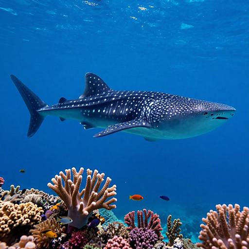 Photograph of a large, spotted whale shark swimming gracefully above a vibrant coral reef with various colorful corals and small fish.