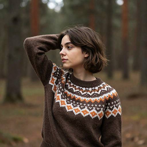 Young Woman in Sweater in Forest