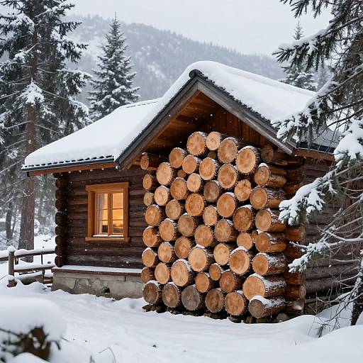Snowy Mountain Cabin with Woodstack