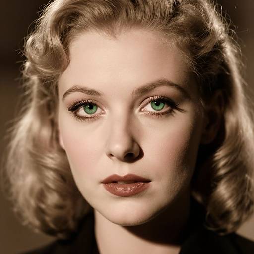 Photograph of a fair-skinned, blonde woman with vintage-style wavy hair, striking green eyes, and subtle makeup, set against a dark background
