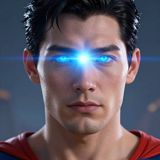 Photorealistic CGI of a handsome man with dark hair, blue glowing eyes, and red shirt, against a blurred blue background.