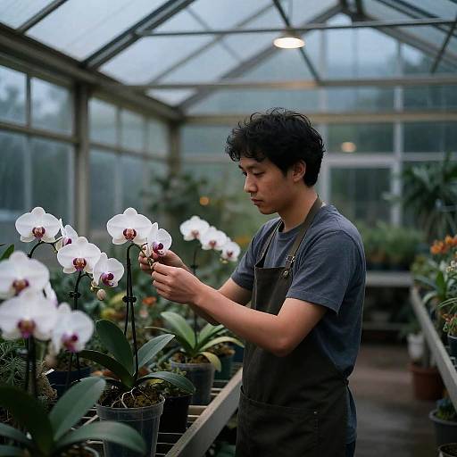 Solitary Botanist in Twilight Rooftop Greenhouse