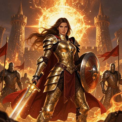 Epic Female Warrior Before Fiery Castle