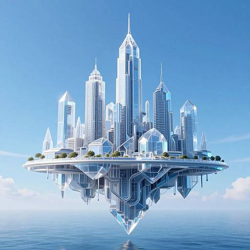 Digital CGI of a futuristic, white and blue floating city with tall skyscrapers, reflecting on a calm, mirror-like ocean.