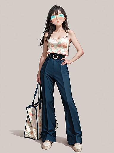 Digital anime-style drawing of a slim, black-haired woman with glowing blue eyes, wearing a floral top, high-waisted navy pants, and white