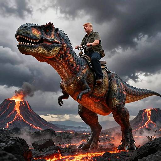 Photorealistic digital artwork: A blonde man in black gear rides a large, detailed, orange and black dinosaur through a volcanic landscape with erupting mountains