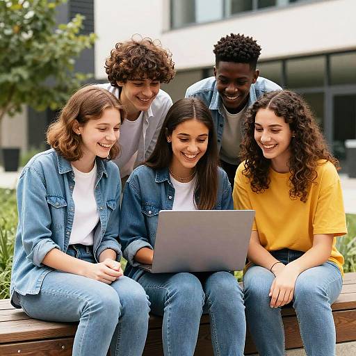 Group of Teens Looking at Laptop Outdoors