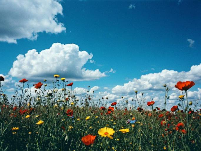 Colorful Flower Field Under Blue Sky