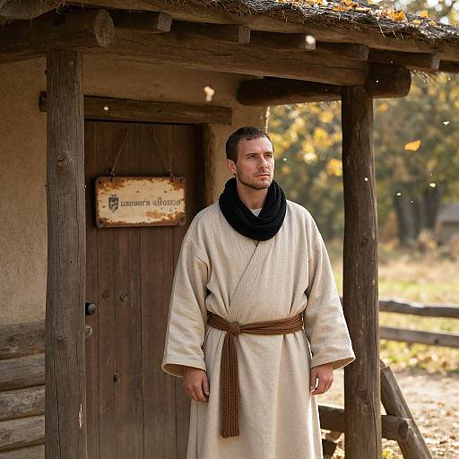 Photograph of a handsome, bearded man in a beige robe with brown belt and black scarf, standing outside a rustic wooden hut with a sign,