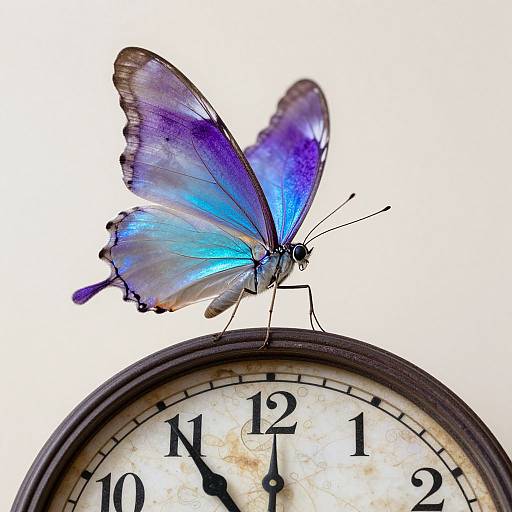 Photograph of a vibrant blue and purple butterfly perched on a vintage, slightly worn clock face with black numbers and hands. White background.