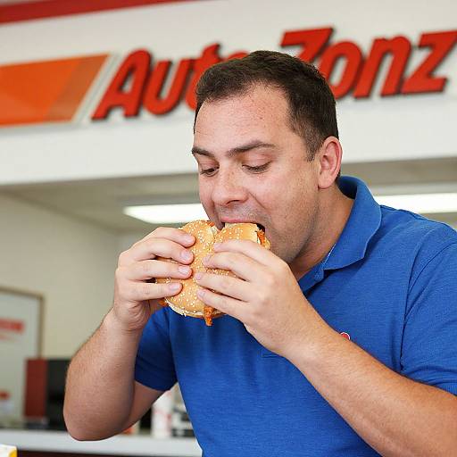 Photograph of a light-skinned man with short dark hair eating a sandwich in a bright, modern Autobahn gas station. He wears a blue