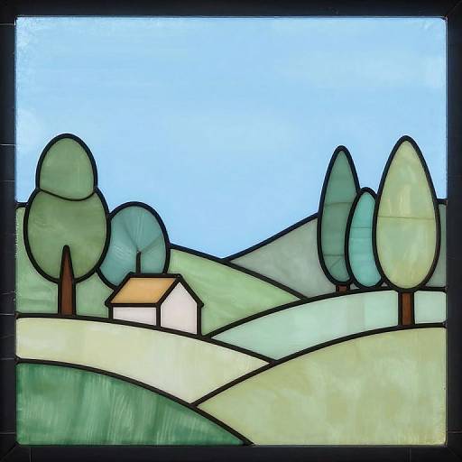 Stained glass-style drawing of a countryside scene with a small white house, green hills, and blue sky, featuring simple, rounded trees.