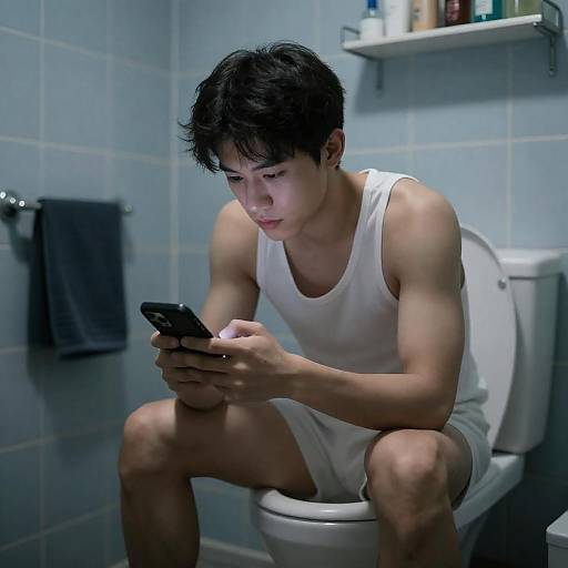 Young Man Engrossed in Smartphone on Toilet