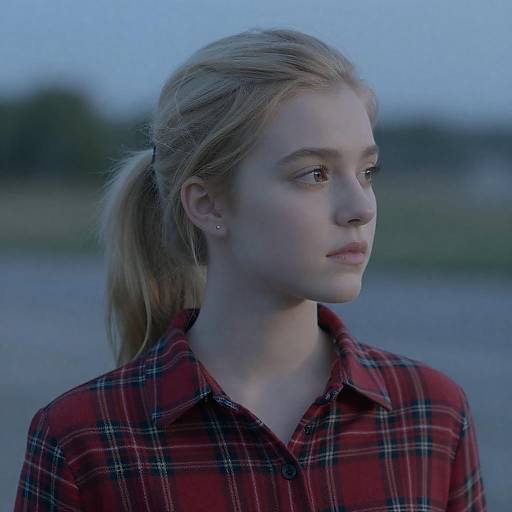 Contemplative Blonde in Red Plaid