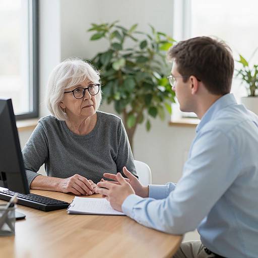 Photograph of elderly white woman with white hair and glasses, in gray sweater, sitting at wooden desk, facing young white man in light blue shirt,