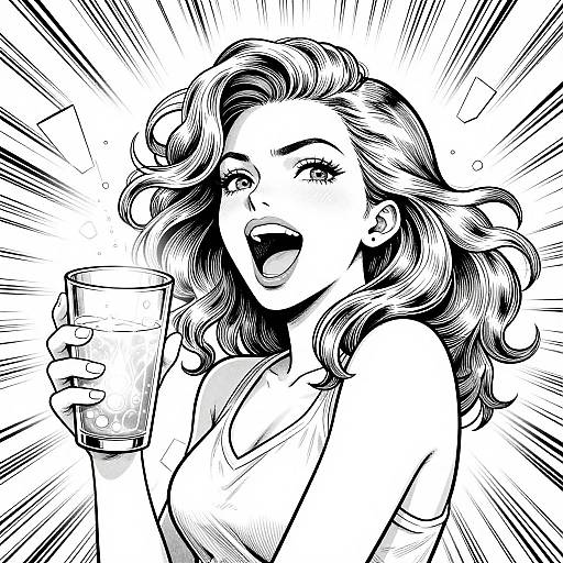 Black-and-white manga-style drawing of a smiling woman with wavy hair, holding a glass, mouth open in excitement, radiating lines in background.