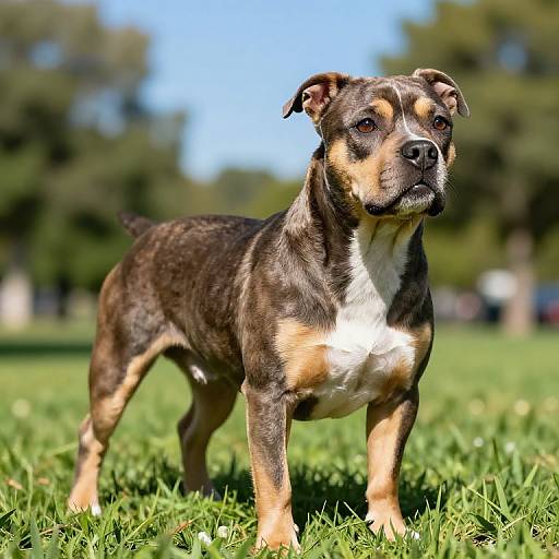 Photograph of a black and tan mixed-breed dog with a white chest, standing on green grass in a sunny park.