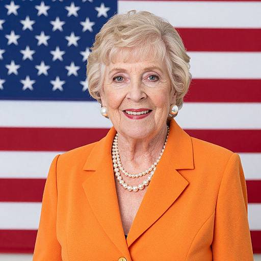 Photograph of elderly white woman with short gray hair, wearing orange blazer, pearl necklace, and earrings, smiling against American flag background.