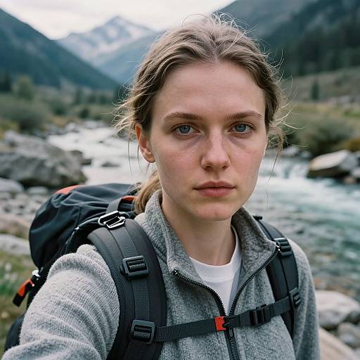 Photograph of a serious young woman with fair skin, blue eyes, and brown hair in a ponytail, wearing a gray zip-up jacket and black