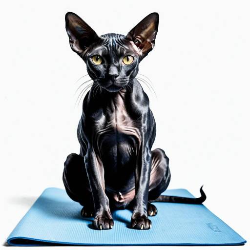 Black Sphynx Cat on Blue Yoga Mat