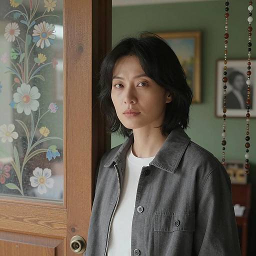 Portrait of Woman by Floral Glass Door