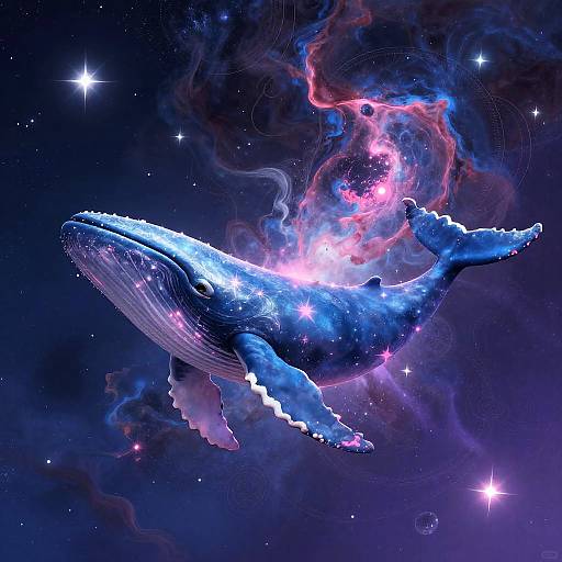 Digital artwork of a glowing, ethereal blue whale amidst vibrant, cosmic nebulae with stars, swirling pink and purple clouds, and a bright,
