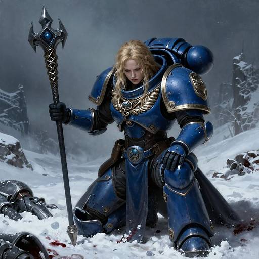 Digital artwork of a blonde, muscular warrior in blue and gold armor, kneeling in snowy battlefield, holding a spiked staff, surrounded by fallen helmets.