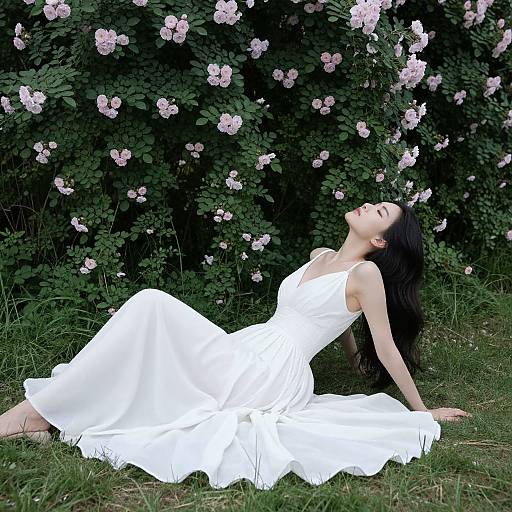 Photograph of a fair-skinned woman with long black hair, wearing a white sleeveless dress, reclining on grass, head tilted back, surrounded
